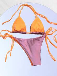 SHEIN Swim Summer Beach Metallic Halter Triangle Tie Side Bikini Set - Pink - View 2