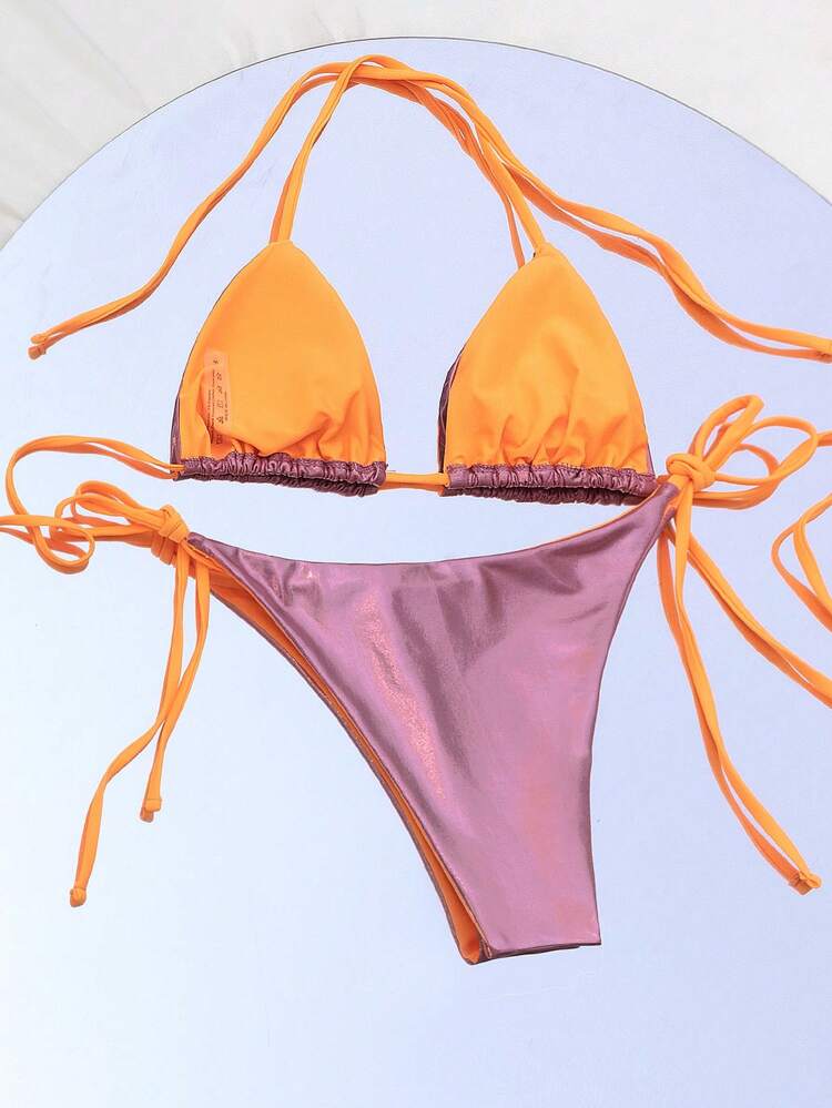 Summer Beach Metallic Halter Triangle Tie Side Bikini Set