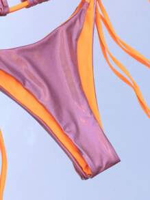 SHEIN Swim Summer Beach Metallic Halter Triangle Tie Side Bikini Set - Pink - View 3