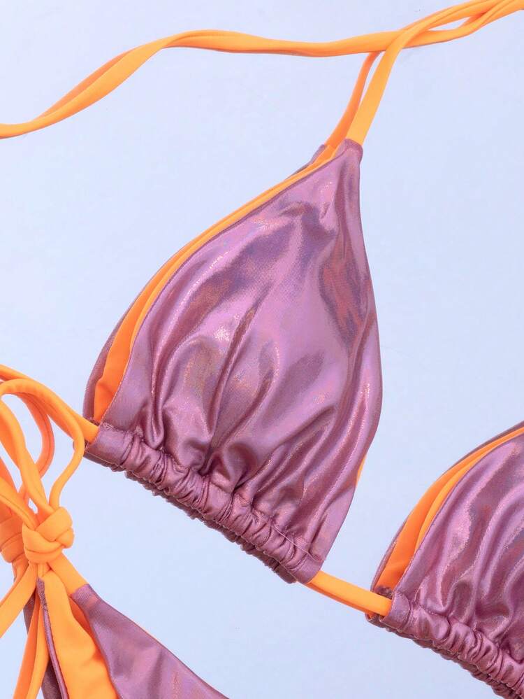 Summer Beach Metallic Halter Triangle Tie Side Bikini Set