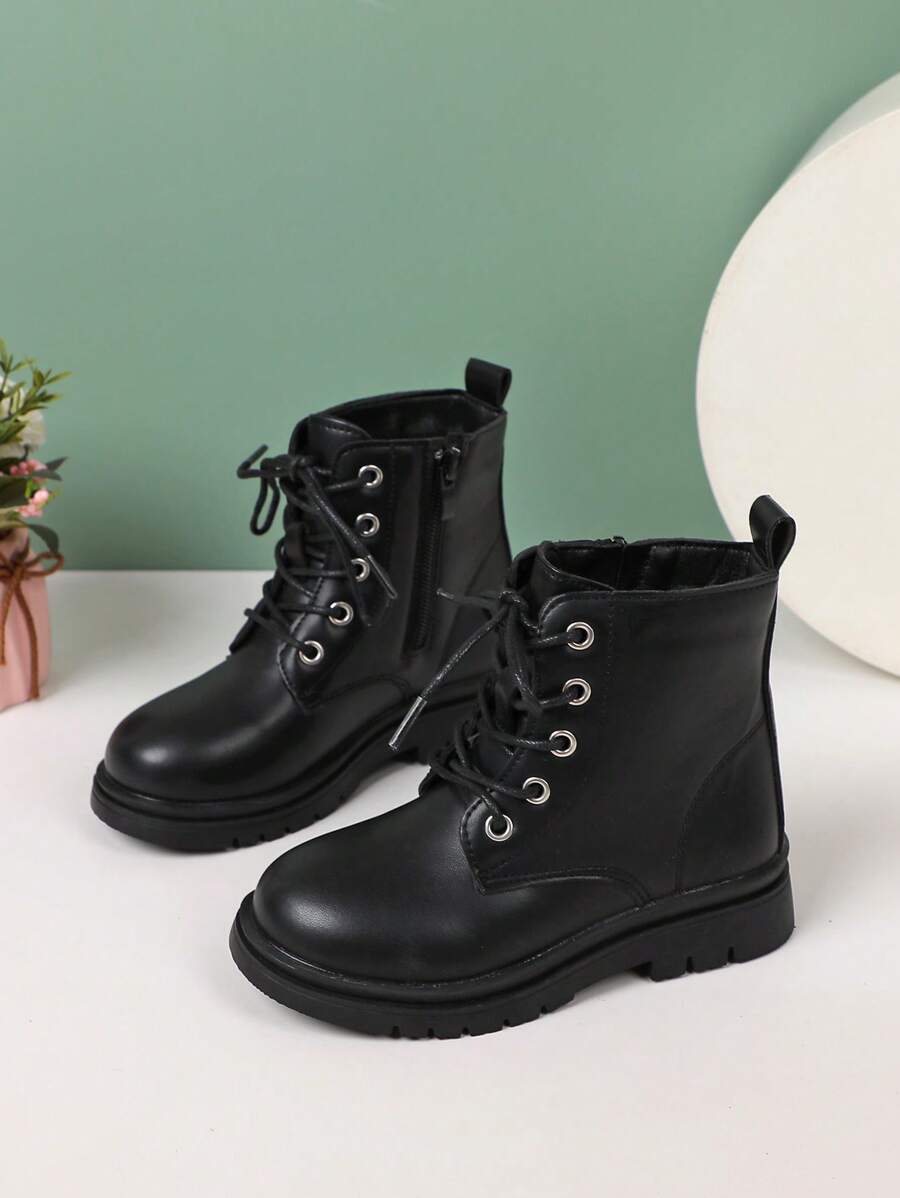 Girls Side Zip Lace-up Front Combat Boots - Black - View 1