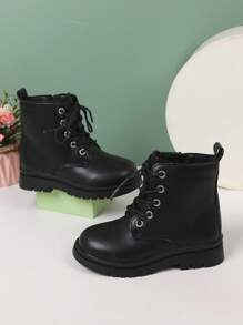 Girls Side Zip Lace-up Front Combat Boots - Black - View 2
