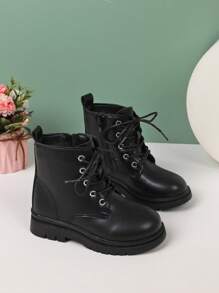 Girls Side Zip Lace-up Front Combat Boots - Black - View 3