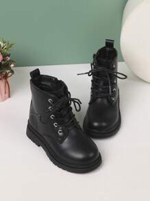 Girls Side Zip Lace-up Front Combat Boots - Black - View 4