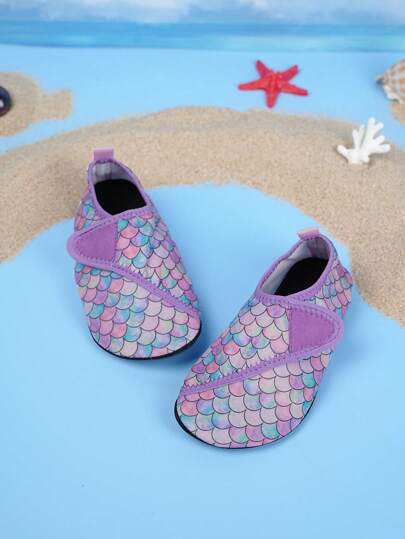 女孩魚鱗圖案柔軟輕便水襪帶魔術貼紙適用於海灘