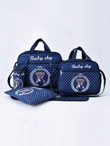 Bebé 5 piezas Bolsa de pañales de lunares & con patrón de oso poliéster - Azul Marino - Ver 3