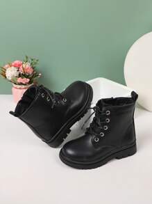 Girls Side Zip Lace-up Front Combat Boots - Black - View 6