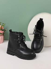 Girls Side Zip Lace-up Front Combat Boots - Black - View 7
