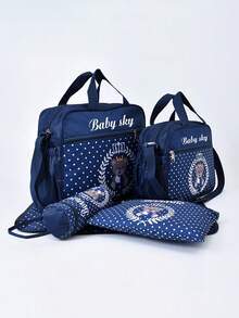 Bebé 5 piezas Bolsa de pañales de lunares & con patrón de oso poliéster - Azul Marino - Ver 4