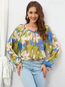 SHEIN Privé Áo sơ mi nữ Thắt nút Hoa Tất cả trên in Boho - Nhiều màu - Xem 1