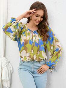 SHEIN Privé Áo sơ mi nữ Thắt nút Hoa Tất cả trên in Boho - Nhiều màu - Xem 4