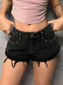 SHEIN ICON Studded Detail Raw Hem Shorts - Black - View 1