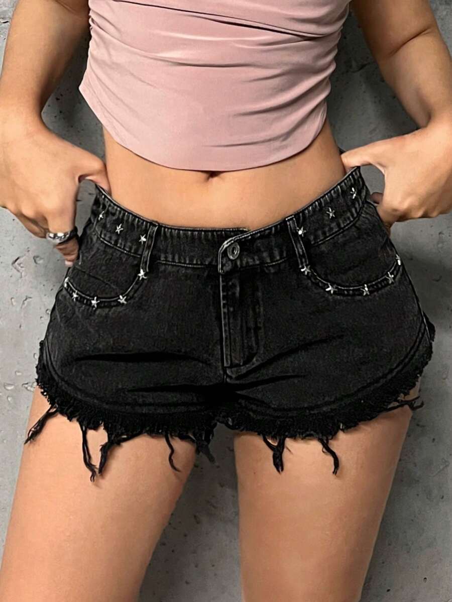 SHEIN ICON Chi tiết đáng kinh ngạc Raw Hem Quần short - màu đen - Xem 1