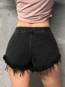 SHEIN ICON Studded Detail Raw Hem Shorts - Black - View 2