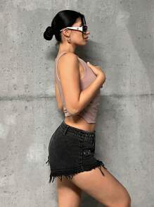 SHEIN ICON Studded Detail Raw Hem Shorts - Black - View 5