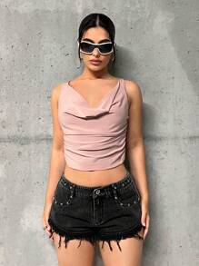 SHEIN ICON Studded Detail Raw Hem Shorts - Black - View 4