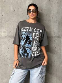 SHEIN EZwear Hình ảnh và Slogan Đồ họa Drop Vai Tee OCEAN CITY CẢM NHẬN VIBE CÓ TỐT - Màu xám đen - Xem 1