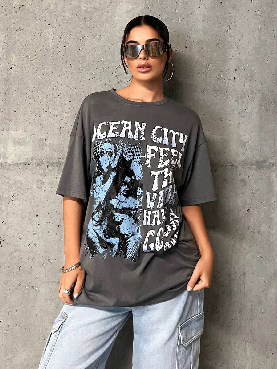 SHEIN EZwear Figure And Slogan Graphic Drop Shoulder Tee OCEAN CITY FEEL THE VIBE HAVE A GOOD - Dark Grey - View 1