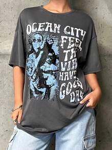 SHEIN EZwear Hình ảnh và Slogan Đồ họa Drop Vai Tee OCEAN CITY CẢM NHẬN VIBE CÓ TỐT - Màu xám đen - Xem 3