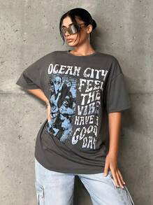 SHEIN EZwear Hình ảnh và Slogan Đồ họa Drop Vai Tee OCEAN CITY CẢM NHẬN VIBE CÓ TỐT - Màu xám đen - Xem 4