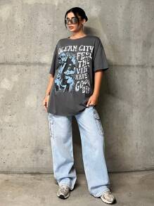 SHEIN EZwear Hình ảnh và Slogan Đồ họa Drop Vai Tee OCEAN CITY CẢM NHẬN VIBE CÓ TỐT - Màu xám đen - Xem 6