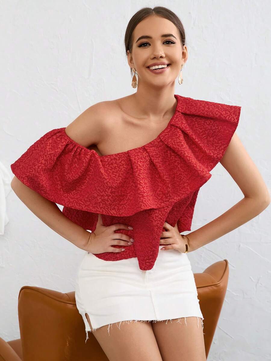 SHEIN Privé 不對稱領荷葉邊襯衫 - 紅色 - 查看 1