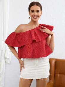 SHEIN Privé 不對稱領荷葉邊襯衫 - 紅色 - 查看 3