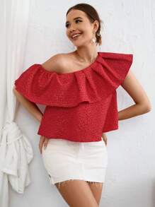 SHEIN Privé 不對稱領荷葉邊襯衫 - 紅色 - 查看 4