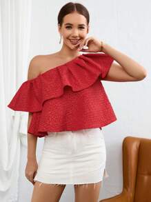 SHEIN Privé 不對稱領荷葉邊襯衫 - 紅色 - 查看 5