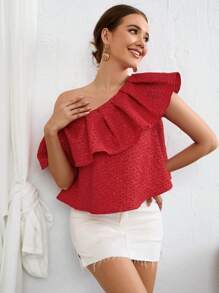 SHEIN Privé 不對稱領荷葉邊襯衫 - 紅色 - 查看 6