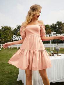 S BETRO Cổ vuông Ống tay áo Xù Hoa Sen Đầm - Hồng - Xem 3