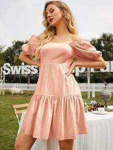 S BETRO Cổ vuông Ống tay áo Xù Hoa Sen Đầm - Hồng - Xem 4