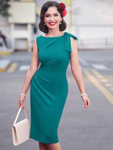 MUXXN Vestido ajustado unicolor con diseño de nudo de cuello asimétrico fruncido - Agua verde azul - Ver 6