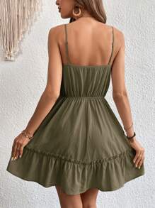 SHEIN VCAY Contrast Lace Ruffle Hem Cami Dress - Army Green - View 2