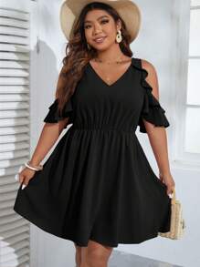 SHEIN VCAY Plus Cold Shoulder Ruffle Trim Dress - Black - View 2