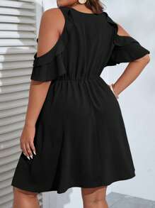 SHEIN VCAY Plus Cold Shoulder Ruffle Trim Dress - Black - View 3