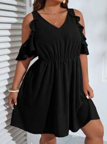 SHEIN VCAY Plus Cold Shoulder Ruffle Trim Dress - Black - View 4