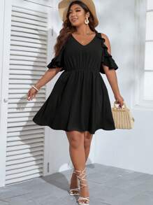 SHEIN VCAY Plus Cold Shoulder Ruffle Trim Dress - Black - View 5