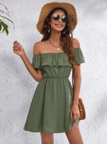 SHEIN VCAY 一字肩荷葉邊連衣裙