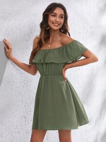 SHEIN VCAY 一字肩荷葉邊連衣裙