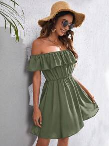 SHEIN VCAY 一字肩荷葉邊連衣裙