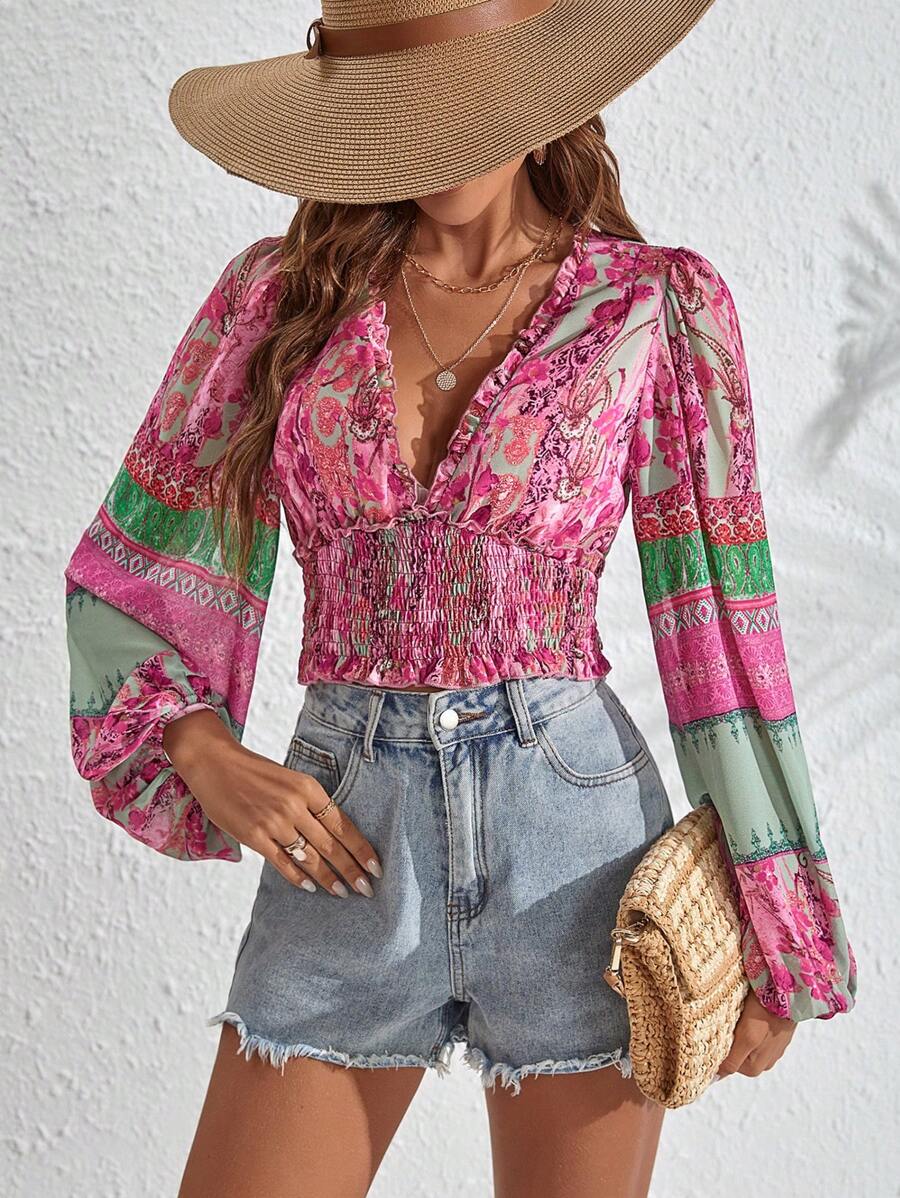 SHEIN VCAY Áo sơ mi nữ viền lá sen Dải chun Bộ lạc Boho - Màu Hồng Tươi - Xem 1