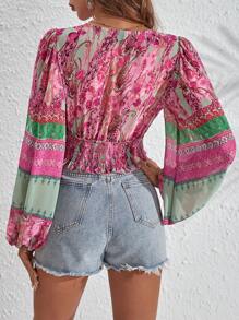 SHEIN VCAY Áo sơ mi nữ viền lá sen Dải chun Bộ lạc Boho - Màu Hồng Tươi - Xem 2