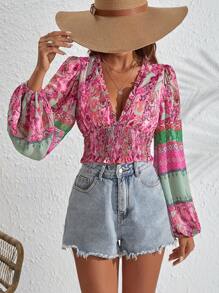 SHEIN VCAY Áo sơ mi nữ viền lá sen Dải chun Bộ lạc Boho - Màu Hồng Tươi - Xem 3