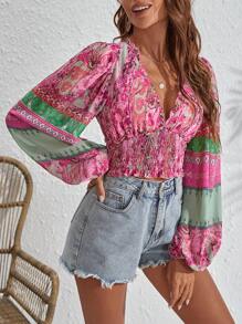 SHEIN VCAY Áo sơ mi nữ viền lá sen Dải chun Bộ lạc Boho - Màu Hồng Tươi - Xem 4