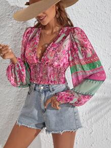 SHEIN VCAY Áo sơ mi nữ viền lá sen Dải chun Bộ lạc Boho - Màu Hồng Tươi - Xem 5