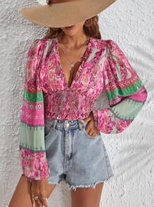 SHEIN VCAY Áo sơ mi nữ viền lá sen Dải chun Bộ lạc Boho - Màu Hồng Tươi - Xem 6