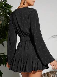 SHEIN VCAY Plunge Neck Flounce Sleeve Knot Front Dress - Black - View 2