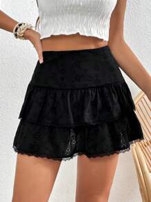 Soleia Váy nữ Tương phản ren phân lớp Tranh thêu màu trơn Boho - màu đen - Xem 1