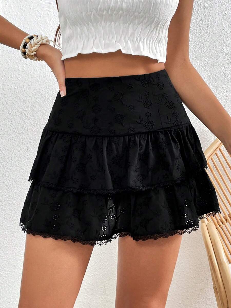 Soleia Váy nữ Tương phản ren phân lớp Tranh thêu màu trơn Boho - màu đen - Xem 1